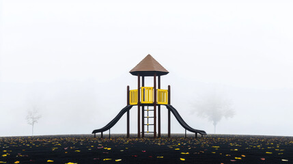 Lonely playground structure with yellow slides and wooden roof surrounded by fog, creating melancholic atmosphere, with scattered autumn leaves on ground