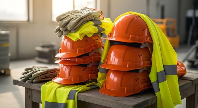 Workplace safety concept with essential personal protective equipment like hard hats, vests, and gloves on a table.