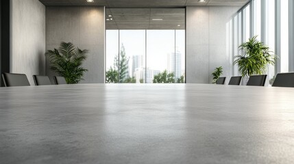 Fototapeta premium Modern Concrete Conference Room with City View and Plants, Office, Interior