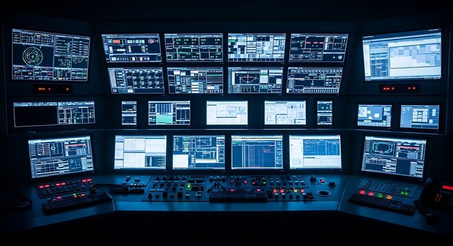 Advanced system control room with a wall of monitors displaying intricate data for surveillance and network management in a futuristic setting.