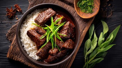 A delicious shot of beef slices over rice, with a rich, dark sauce and a garnish of fresh green onions and herbs, giving a rustic yet appetizing feel to the dish