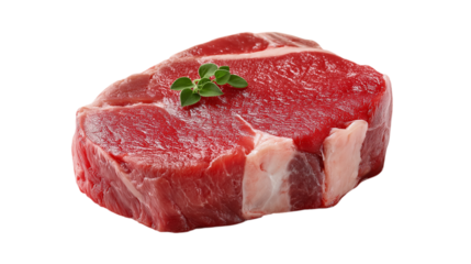 Raw Beef Steak with Basil on Transparent Background