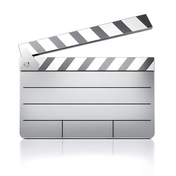 Film clapperboard, 3D illustration, metallic material, soft reflections, white background. Generative AI