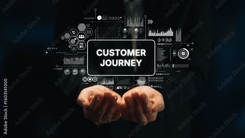 Poster hands holding customer journey concept with data visualization elements in a dark background. asympt