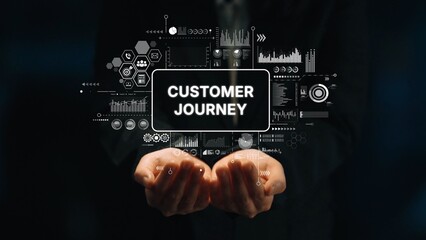 Hands Holding Customer Journey Concept with Data Visualization Elements in a Dark Background. Asymptotic smart data analytic.