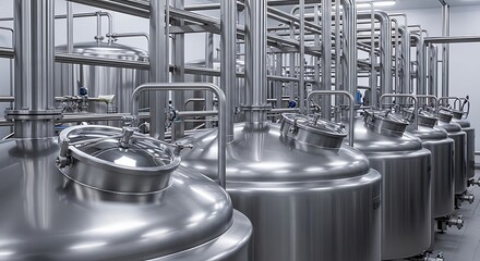 Modern industrial manufacturing facility with rows of shiny stainless steel fermentation tanks for production.