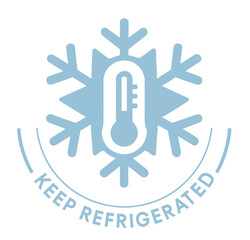 A blue circular 'keep refrigerated' label with a thermometer and a snowflake. Modern flat vector sticker label with icon and badge style, transparent background