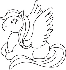 Pegasus cute outline hand-drawn illustration Great for kids coloring books, baby shower invitation, childrens birthday cards Simple design minimalist line art Fairy tale character
