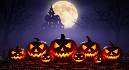 Fototapeta premium Spooky Halloween Pumpkins Under Foggy Moonlight