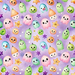Colorful pattern of cute characters and symbols on purple background featuring cheerful ghosts, fruits, stars, and leaves