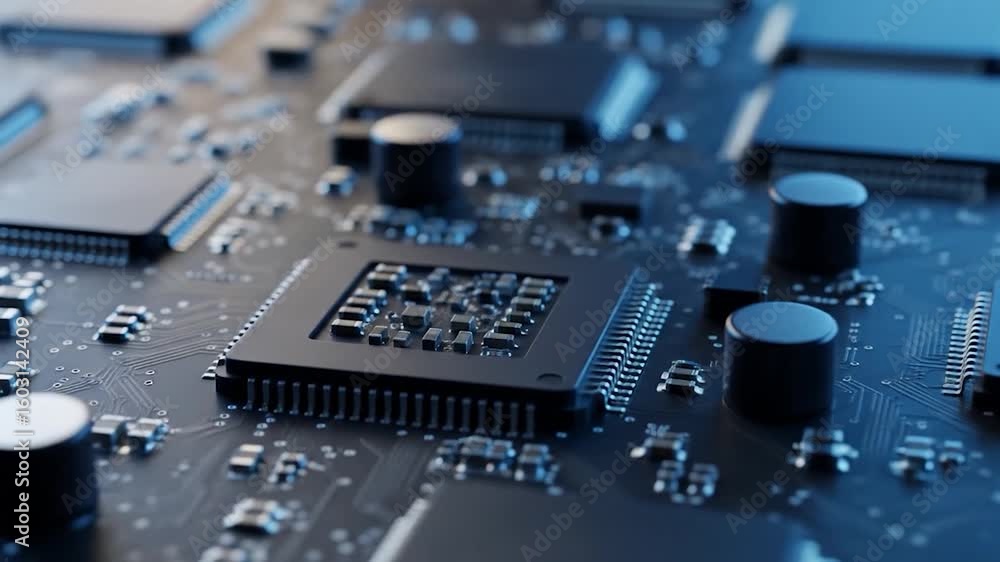 Poster close-up of a detailed dark blue computer circuit board with microchips and components