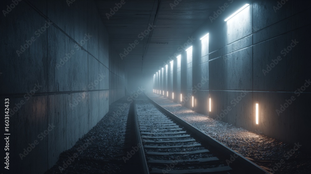 Aufkleber a dimly lit subway tunnel with smooth concrete walls and track rails leading into the distance, illu