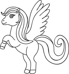 Pegasus cute outline hand-drawn illustration Great for kids coloring books, baby shower invitation, childrens birthday cards Simple design minimalist line art Fairy tale character