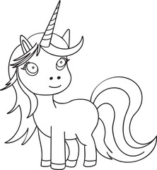 Unicorn cute outline hand-drawn illustration Great for kids coloring books, baby shower invitation, childrens birthday cards Simple design minimalist line art Fairy tale character