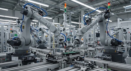 The concept of Industry 4.0 with automated robotic arms working on an advanced production line in a smart factory.