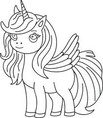 Unicorn cute outline hand-drawn illustration Great for kids coloring books, baby shower invitation, childrens birthday cards Simple design minimalist line art Fairy tale character