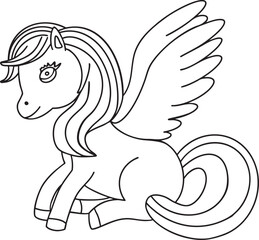 Pegasus cute outline hand-drawn illustration Great for kids coloring books, baby shower invitation, childrens birthday cards Simple design minimalist line art Fairy tale character