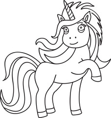 Unicorn cute outline hand-drawn illustration Great for kids coloring books, baby shower invitation, childrens birthday cards Simple design minimalist line art Fairy tale character