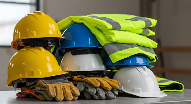 Essential personal protective equipment for workplace safety. A collection of hard hats, high-visibility vests, and work gloves.