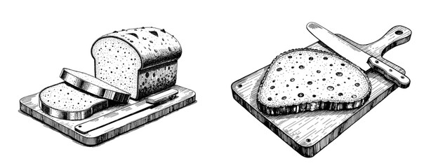 Vintage black pen sketch of bread on cutting board with knife  