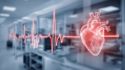 A dynamic heart waveform overlaid on a faint background of medical equipment, symbolizing the interplay between technology and human health