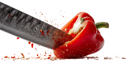 Red Bell Pepper Sliced with Knife Action Shot
