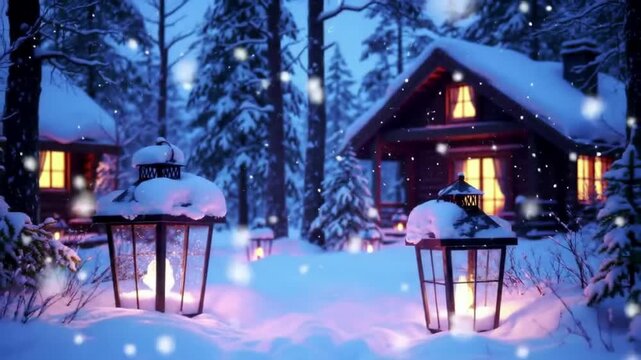 Magical winter wonderland scene with snow falling on cozy cabin and glowing lanterns at night