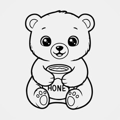 Obraz premium Cute bear holding a honey jar with big smile in cartoon line art for kids coloring pages and learning activities
