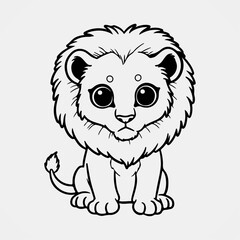 Fototapeta premium Sweet baby lion with round eyes sitting calmly in cartoon jungle theme perfect for children’s coloring sheets and preschool art