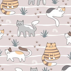 flat cartoon vector seamless pattern design of cute cats for kids apparel fullprint fabric