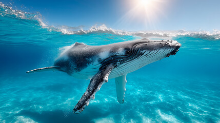 A majestic humpback whale emerges from the depths, gliding gracefully through crystal-clear waters under a sunlit sky, creating a serene ocean atmosphere.