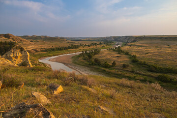 View from Wind Canyon Trail in Theodore Roosevelt National Park at golden hour
