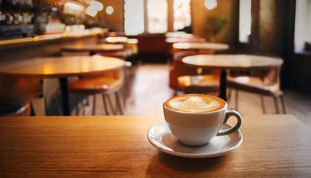cup of coffee with latte art on a wooden table in a cozy warmly lit cafe interior with empty tables and chairs in the background