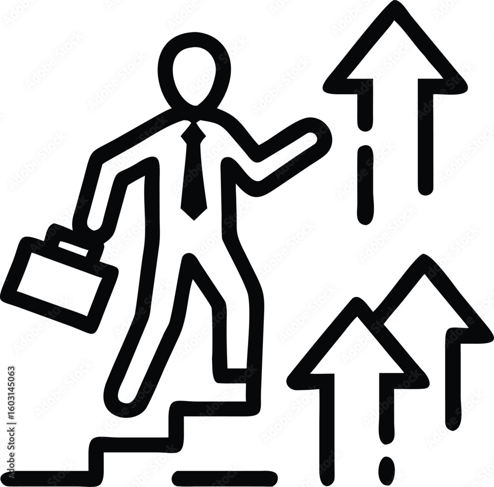 Poster icon of a person climbing stairs symbolizing progress and upward movement isolated on transparent ba