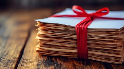 A stack of aged letters tied together with a red string rests on a rustic wooden surface, evoking a sense of nostalgia and timeless communication.
