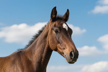 Obraz premium A stunning closeup of a majestic horse against a radiant blue sky, highlighting its natural beauty and grace