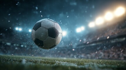 A dynamic shot of a soccer ball in mid-air, being kicked by a player on a green field with stadium lights and a cheering crowd in the background.