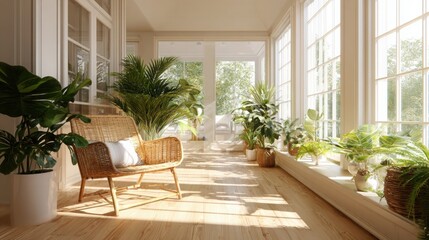 Fototapeta premium bright sunroom interior, floor-to-ceiling windows, lots of green plants, light wood floor, rattan chair, peaceful and natural atmosphere