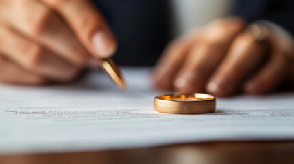 A close-up of a hand signing a document with a gold wedding ring in sharp focus on the paper.