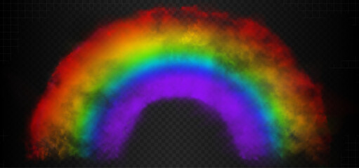 Beautiful colorful  rainbow smoke cloud of red, orange, yellow, green, blue, purple and pink colors isolated on dark semi transparent background. Gradient fog vector illustration.