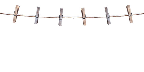 Wooden clothespins on twine isolated on a transparent background clothesline hanging