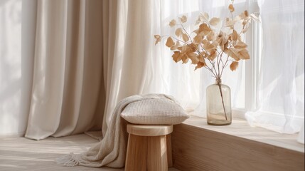 cozy minimalist autumn interior, warm wooden tones, soft beige textiles, dried leaves in vases, gentle sunlight through sheer curtains, calm 