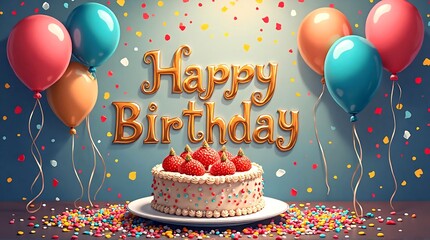 Vibrant birthday celebration featuring a delicious cake, festive balloons, and colorful confetti creating a joyous atmosphere for any special occasion.