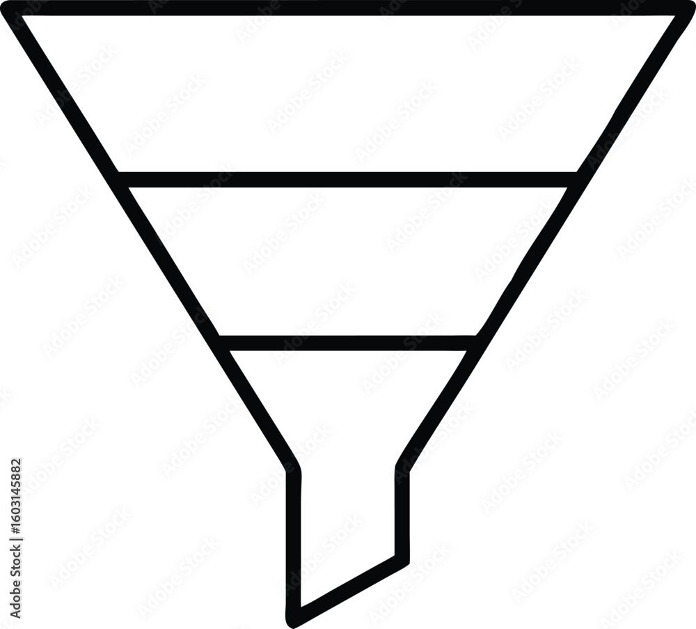 Poster minimal black outline funnel infographic with five stages isolated on transparent background