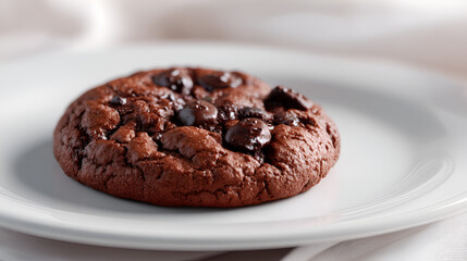 Fototapeta premium A close-up shot of a delectable chocolate chip cookie presented on a pristine white plate against fabric.