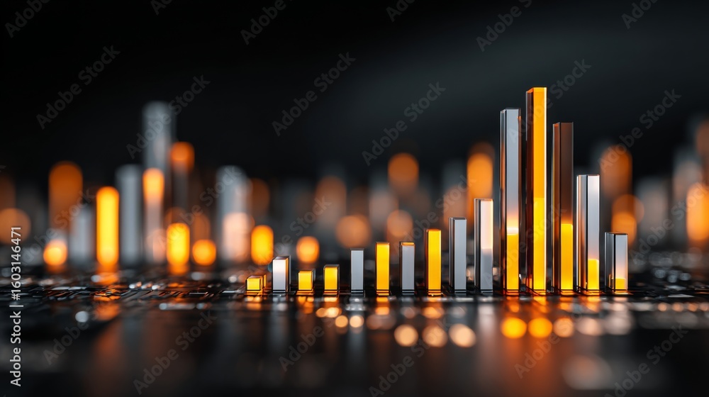 Poster a futuristic d bar chart with illuminated bars in various heights, highlighting business growth data