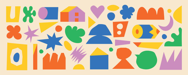 Set of retro isometric geometric shapes drawn. Fun and playful collection of basic figures including heart, pencil, house, pyramid, cylinder, star. For educational materials, posters, creative design 