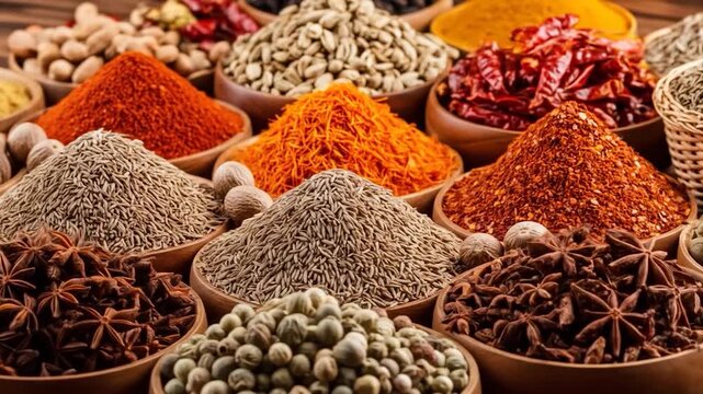 Colorful Spice Variety: Aromatic Star Anise, Cumin, Chili, and Cardamom in Wooden Bowls