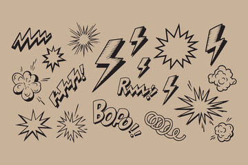 Collection of hand drawn comic book style sound effects and explosions © Vector Vault