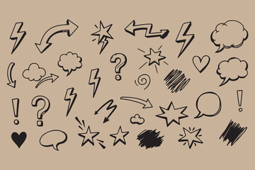 Hand drawn doodle elements featuring stars arrows hearts and speech bubbles